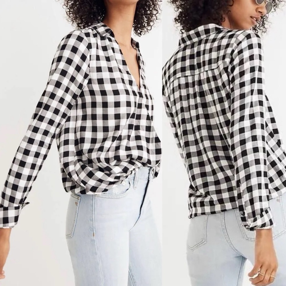 Madewell Wrap-Front Shirt in Buffalo Check Print Long Sleeve Size Medium
